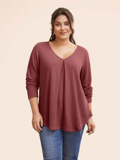 Plain Waffle Knit Scoop Neck Plicated Detail T-Shirt