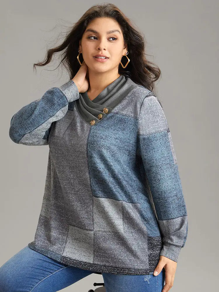 Asymmetrical Colorblock Button Detail Pleated T-Shirt