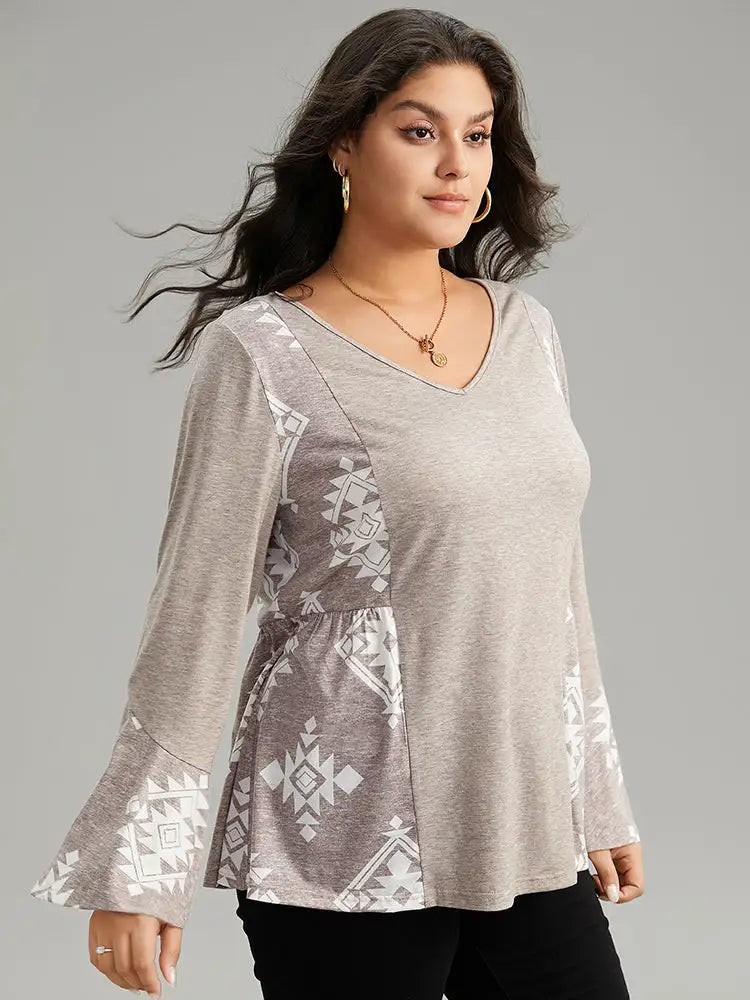 Floral Print Bell Sleeve V Neck T-Shirt