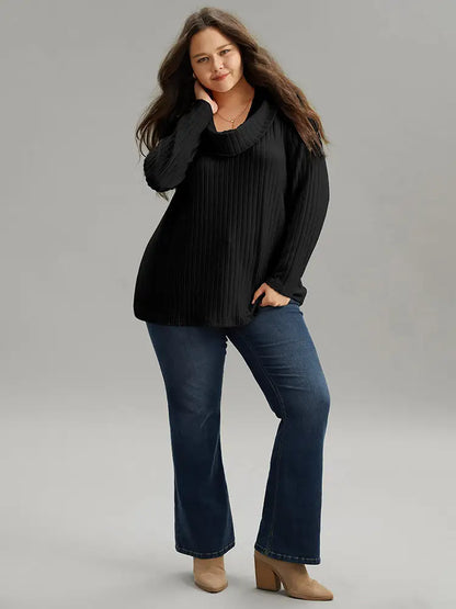 Plain Rib Knit Cowl Neck T-Shirt
