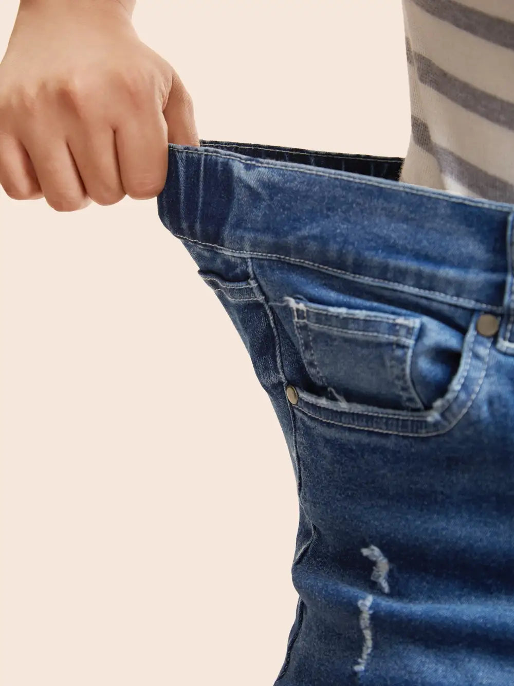 Folded Hem Rip Back Elastic Waist Jeans
