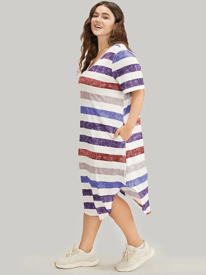 Striped Contrast Arc Hem V Neck Pocket Dress