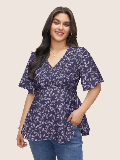 Floral Pleated Elastic Waist Ruffle Sleeve Blouse