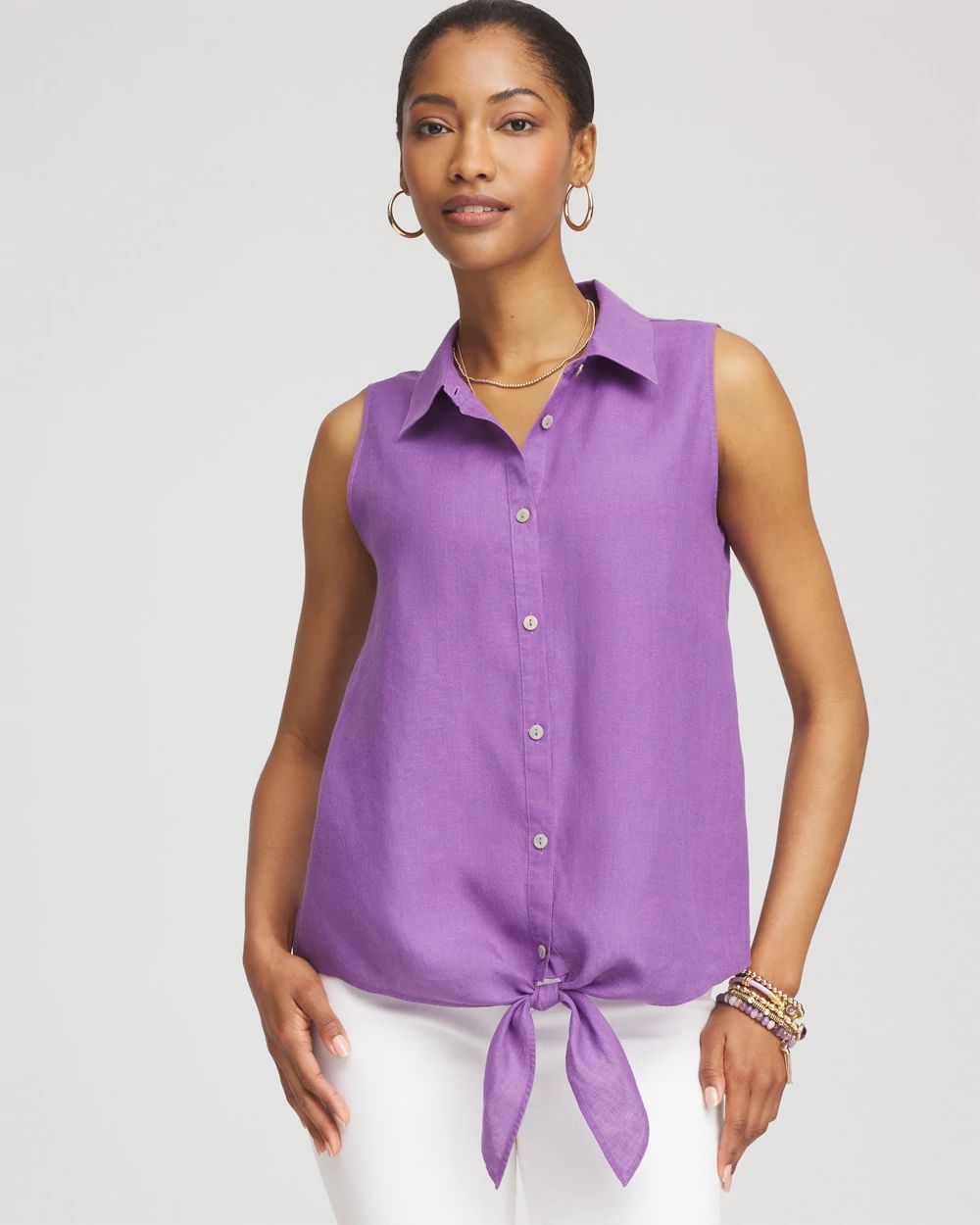 No IronTM Linen Tie-Front Sleeveless Shirt