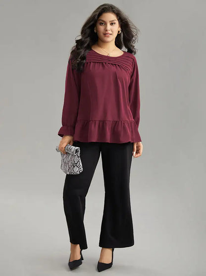 Static-Free Plain Pleated Ruffles Lantern Sleeve Blouse