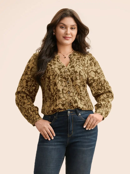 Silhouette Floral Print Notched Frill Trim Blouse