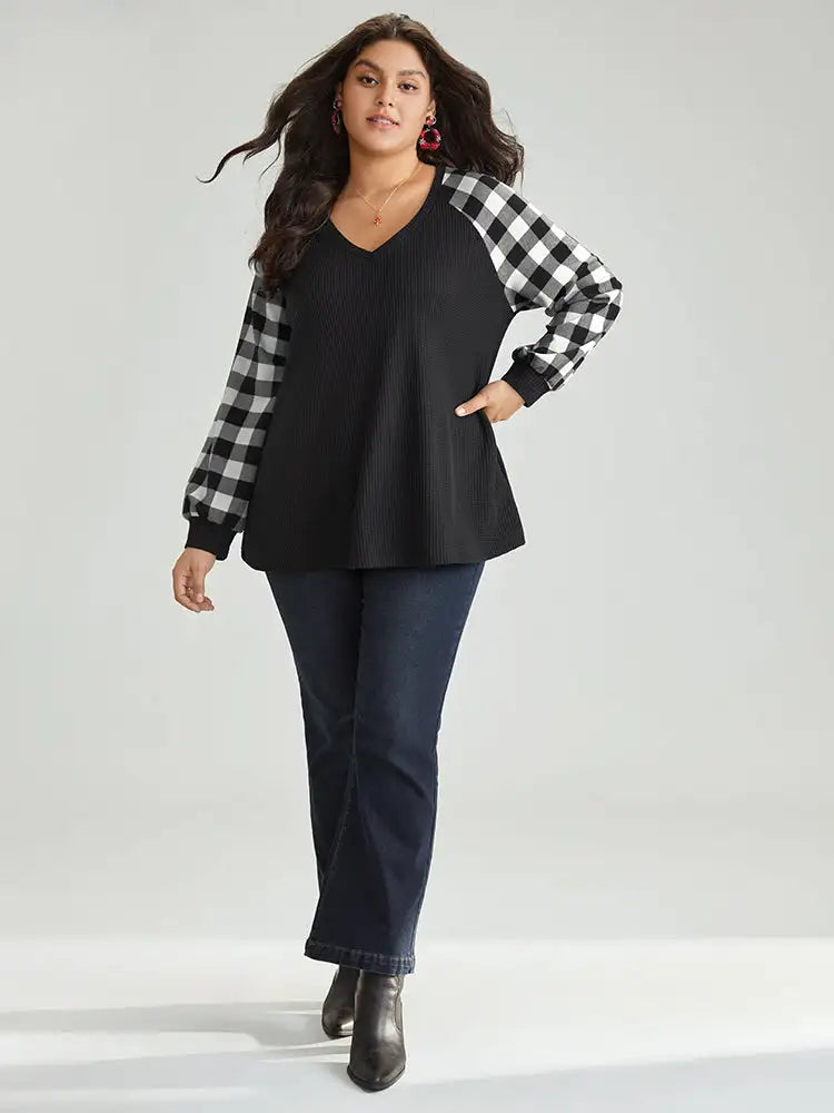 Waffle Knit Plaid Patchwork Raglan Sleeve T-Shirt