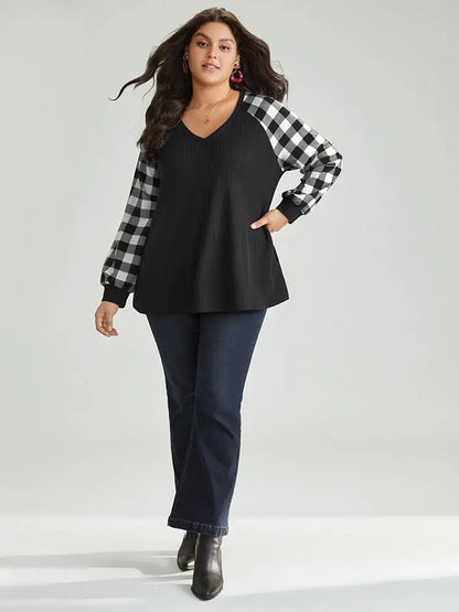 Waffle Knit Plaid Patchwork Raglan Sleeve T-Shirt