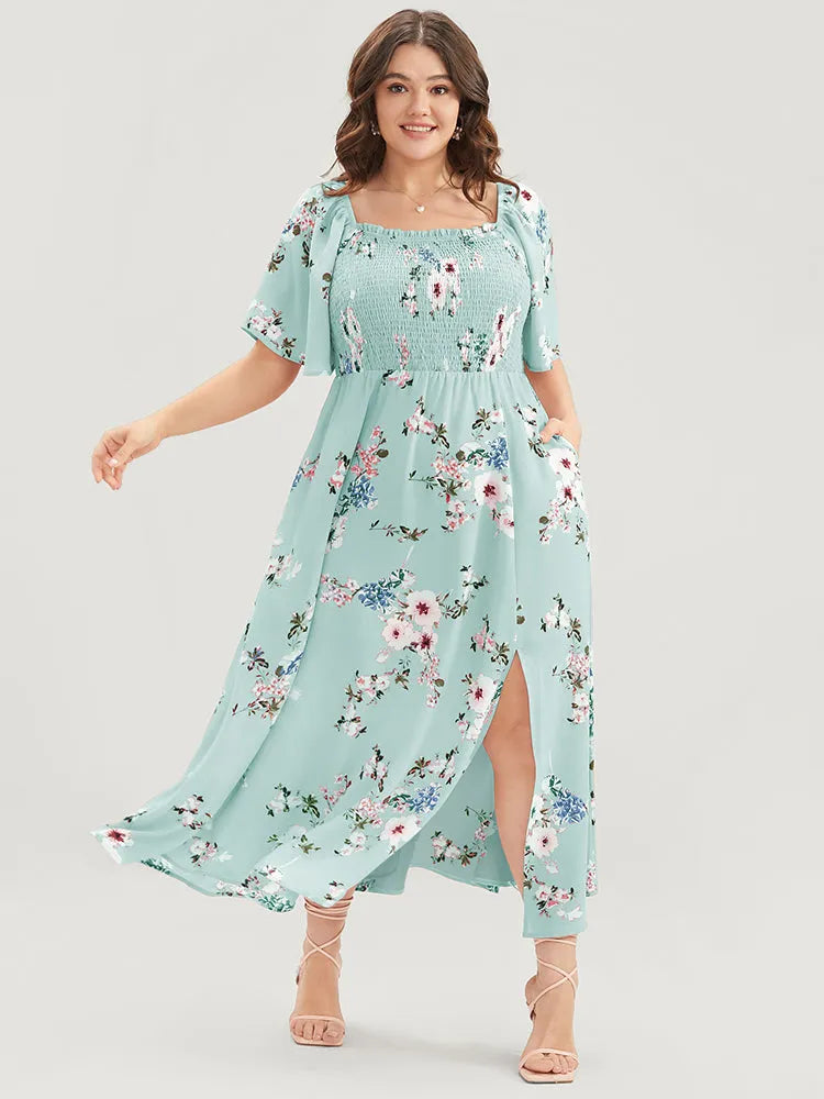 Floral Square Neck Ruffles Pocket Shirred Split Dress