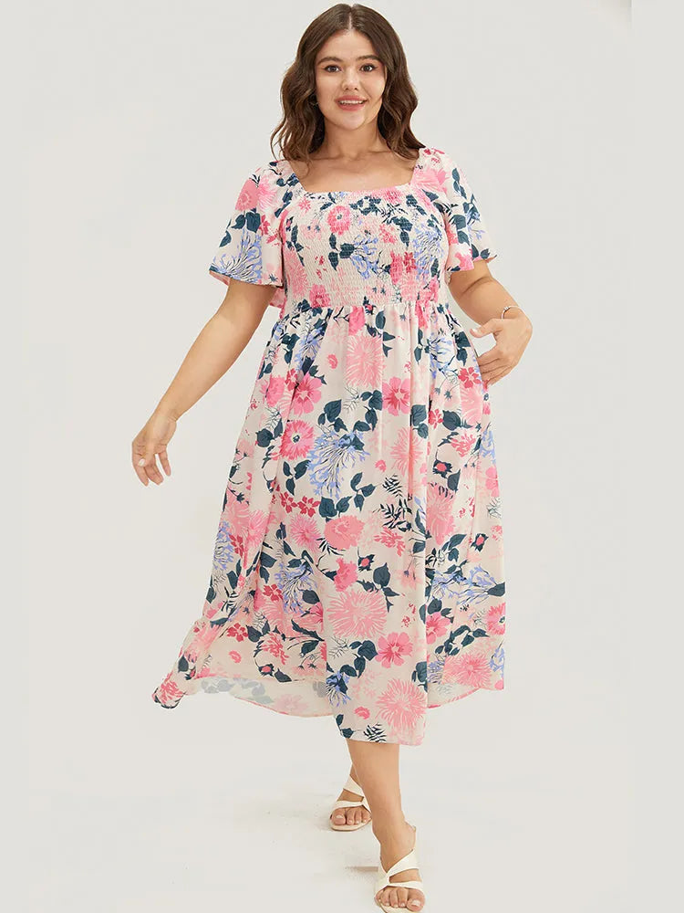 Floral Backless Shirred Square Neck Pocket Ruffle Hem Dress