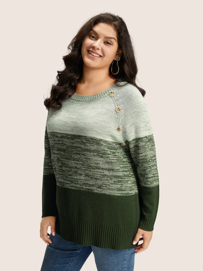 Colorblock Contrast Heather Button Detail Pullover