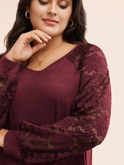Plain Lace Panel Round Neck Raglan Sleeve T-Shirt