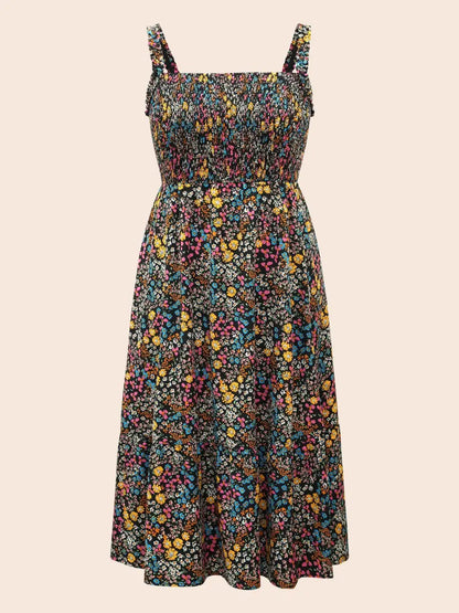 Ditsy Floral Shirred Ruffles Midi Dress