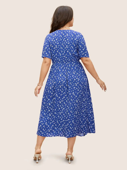Ditsy Floral Button Detail Elastic Waist Midi Dress