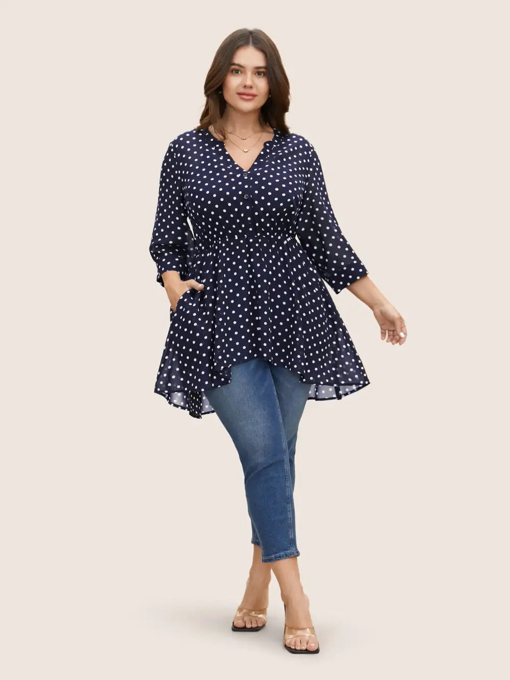Chiffon Polka Dot Button Detail Blouse