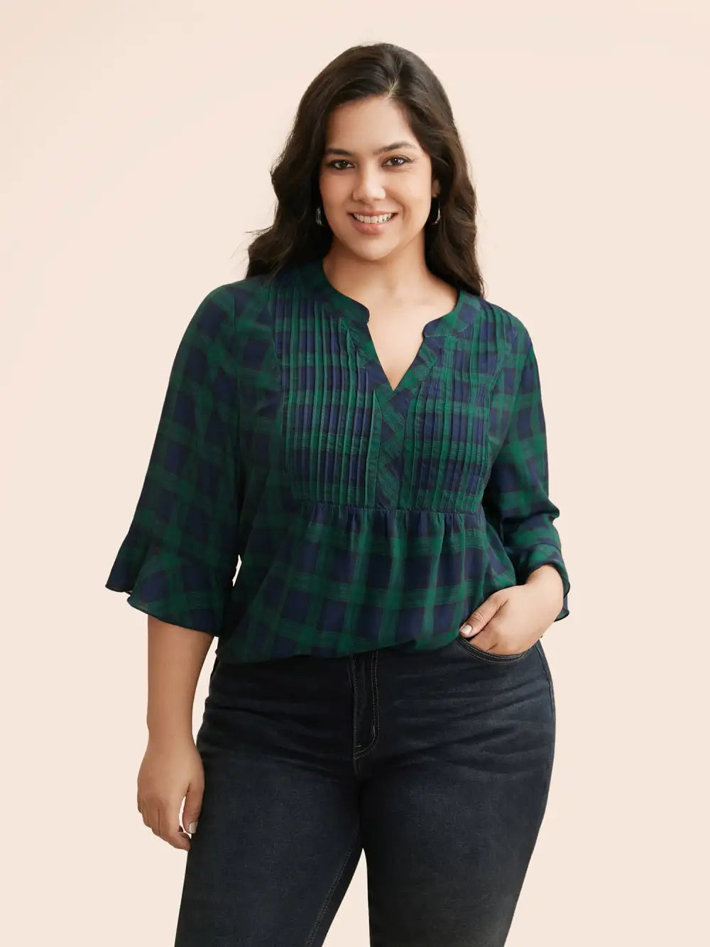 Notched Plaid Ruffles Pleated Blouse