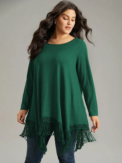 Solid Tassels Trim Pocket Asymmetrical Hem T-Shirt