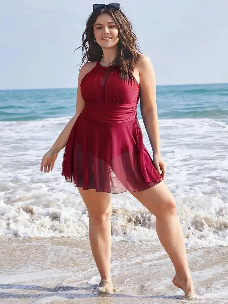 Knotted Back Mesh Insert Halter Swim Dress