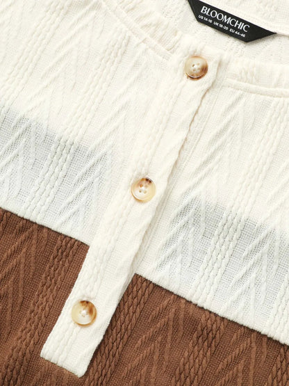 Colorblock Contrast Textured Button Up T-Shirt