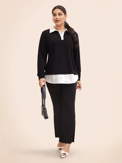 2-In-1 Shirt Collar Contrast Patchwork Sweatshirt