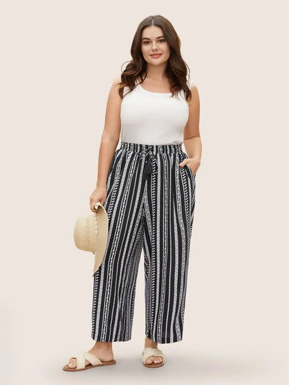 Bandana Striped Tassel Drawstring Wide Leg Pants