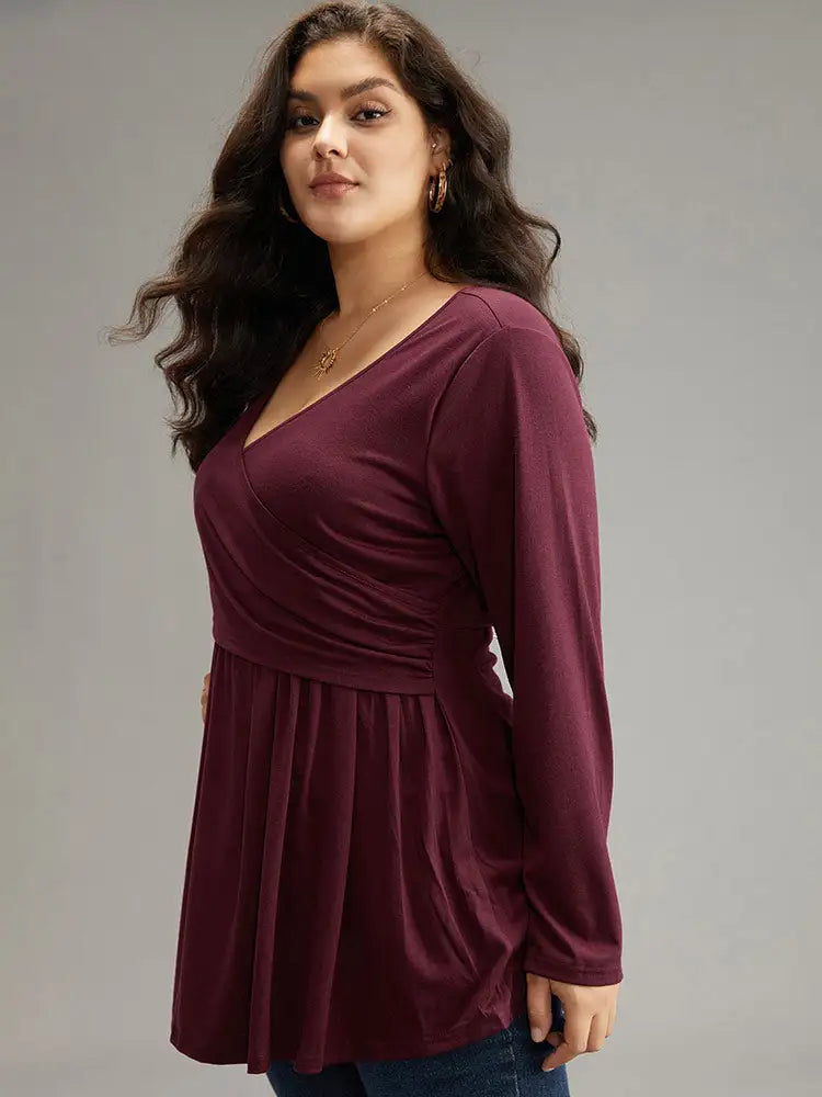 Solid Crossover V Neck Ruffle Hem T-Shirt