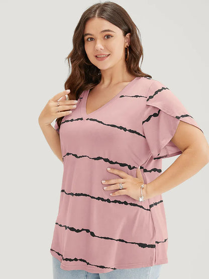 Striped Contrast Petal Sleeve T-shirt