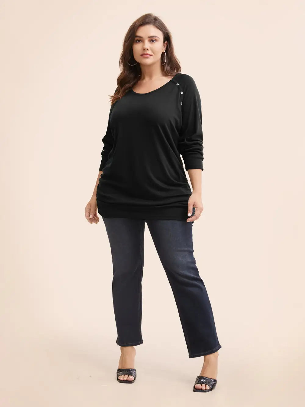 Plain Gathered Button Detail T-Shirt