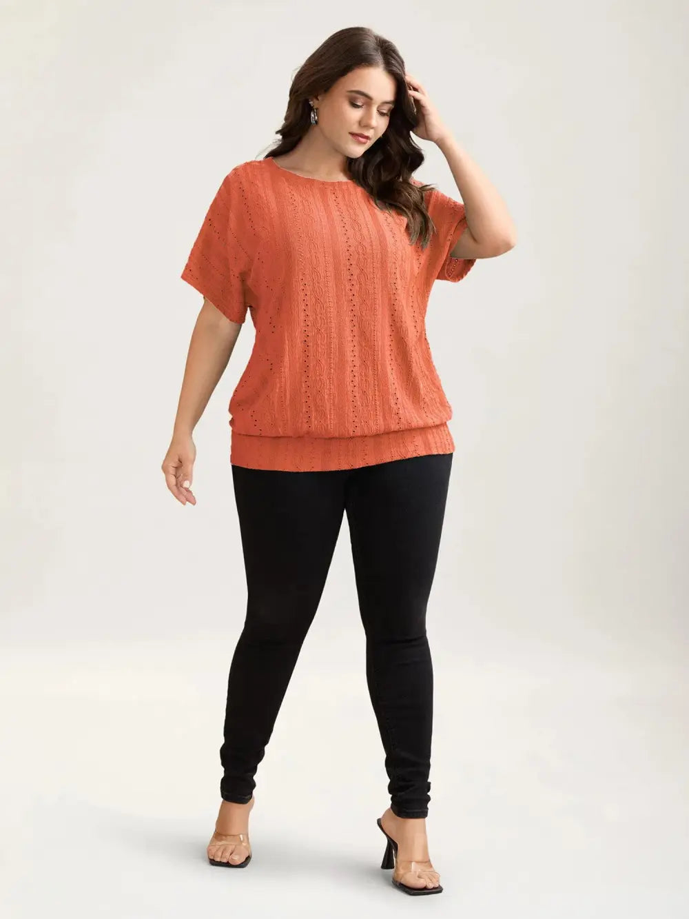 Eyelet Trim Stretchy Textured Plain Top