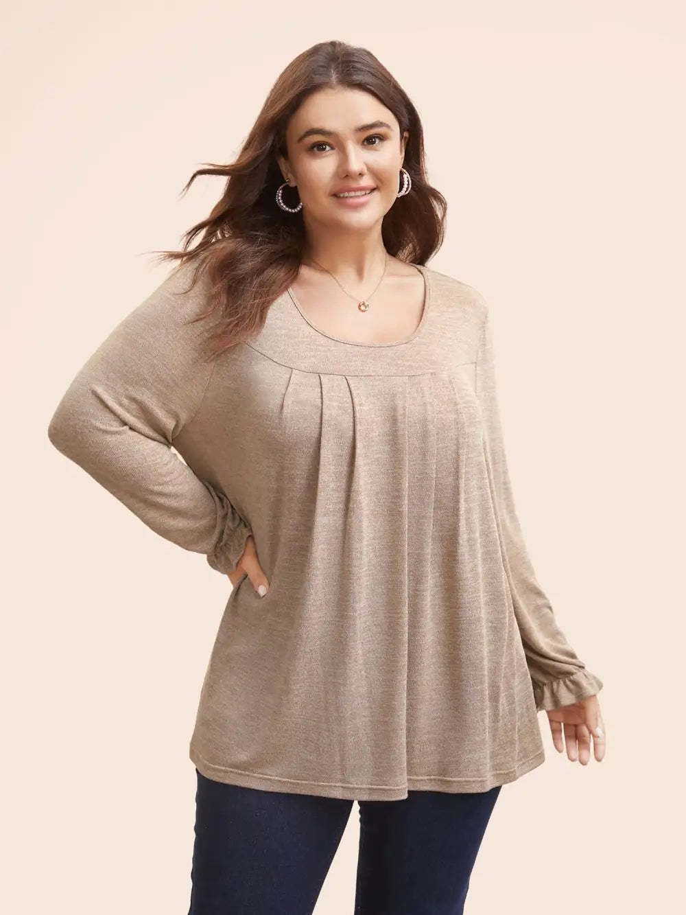 Round Neck Heather Pleated T-Shirt