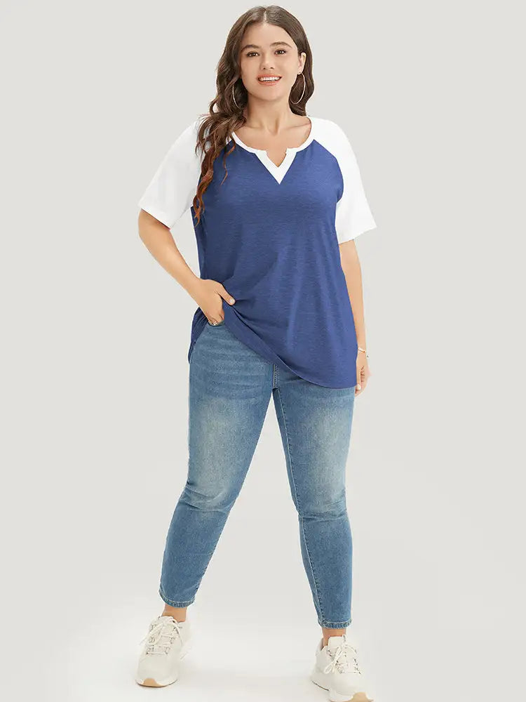 Colorblock Contrast Notched Raglan Sleeve T-shirt