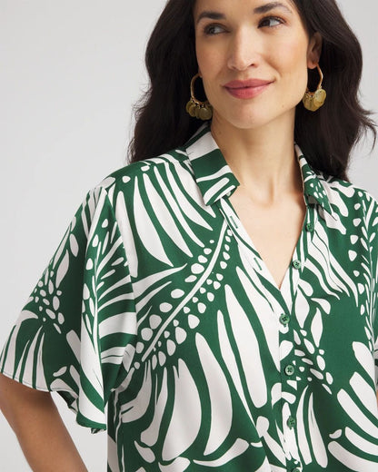 Palm Print Tie-Front Silky Top