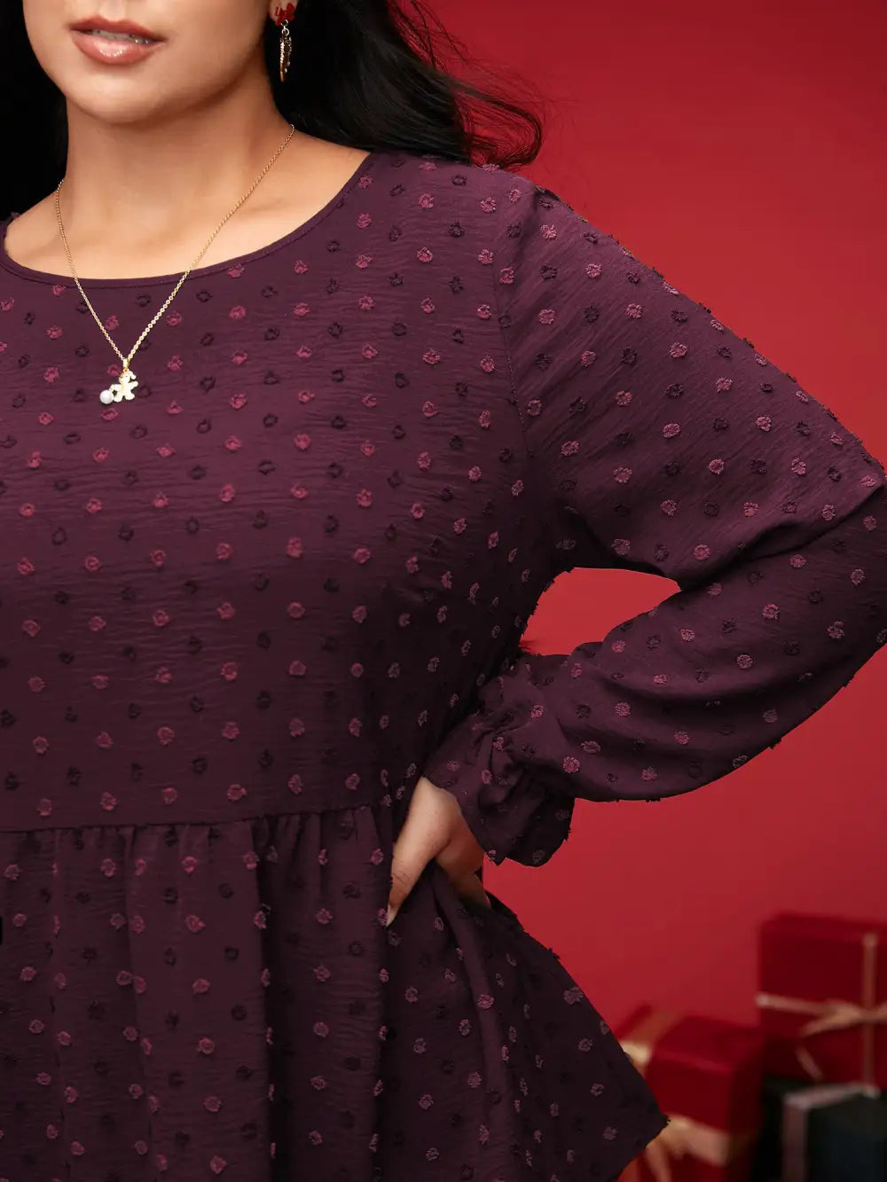 Textured Dot Elastic Cuffs A-Line Blouse