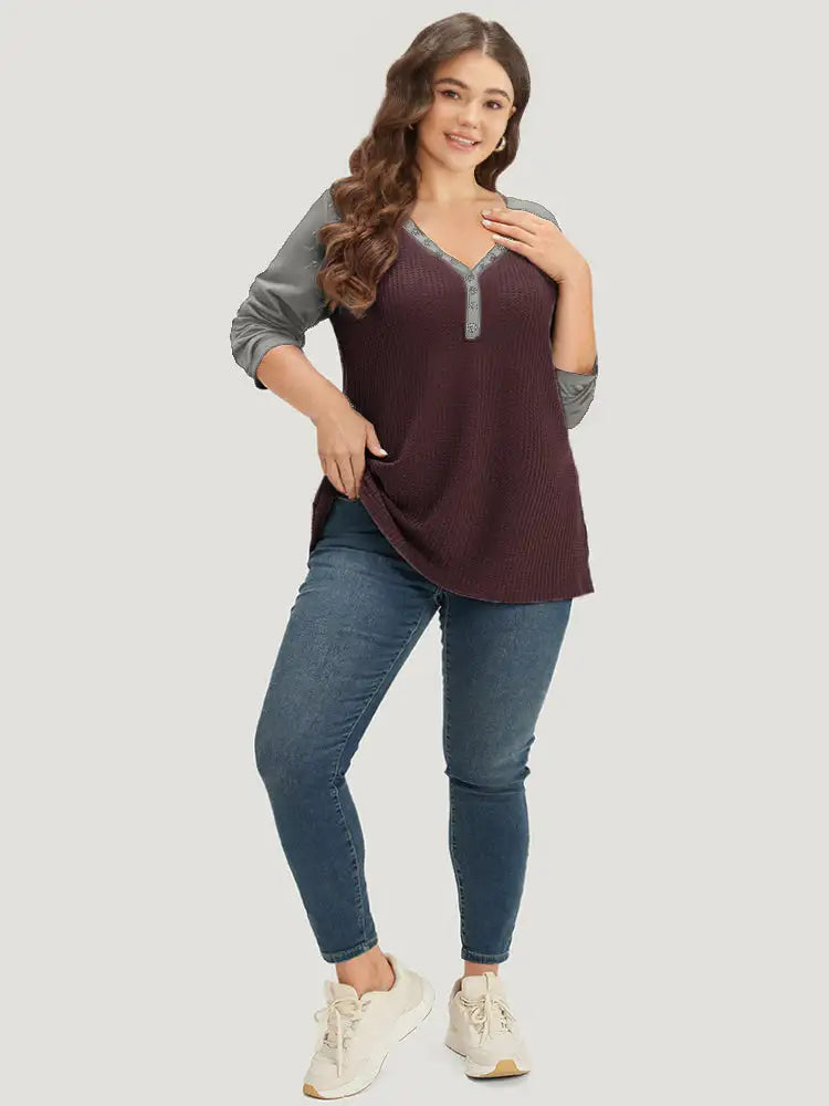 Waffle Knit Raglan Sleeve Metal Buckle Detail T-Shirt