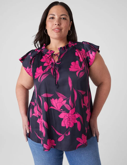 Flutter-Sleeve Woven Satin & Knit Top