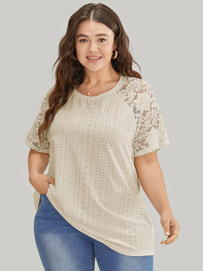 Solid Broderie Anglaise Lace Raglan Sleeve T-shirt
