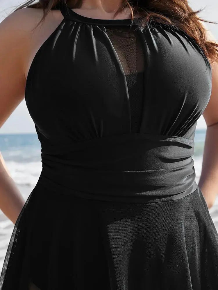 Knotted Back Mesh Insert Halter Swim Dress