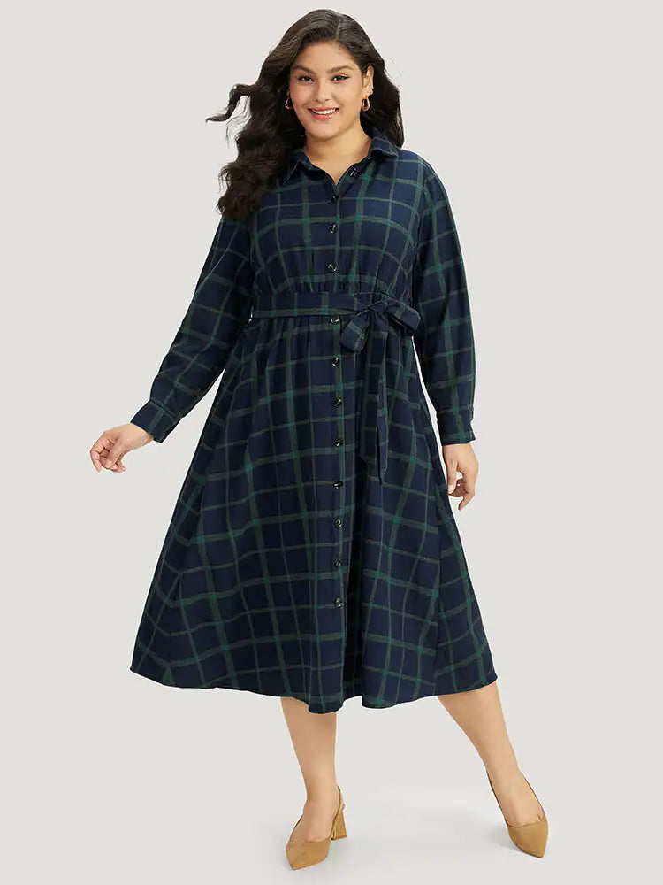 Plaid Shirt Collar Button Fly Belted Dress