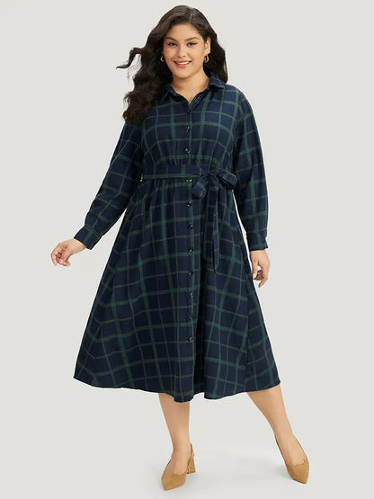Plaid Shirt Collar Button Fly Belted Dress