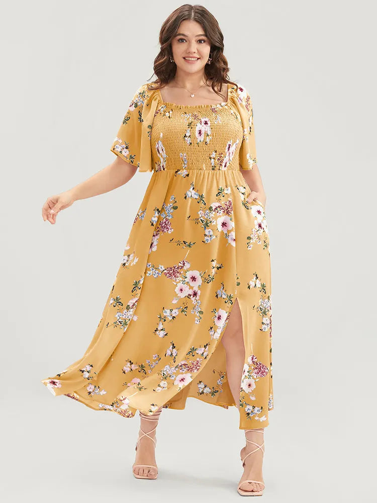 Floral Square Neck Ruffles Pocket Shirred Split Dress