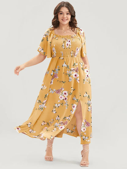 Floral Square Neck Ruffles Pocket Shirred Split Dress