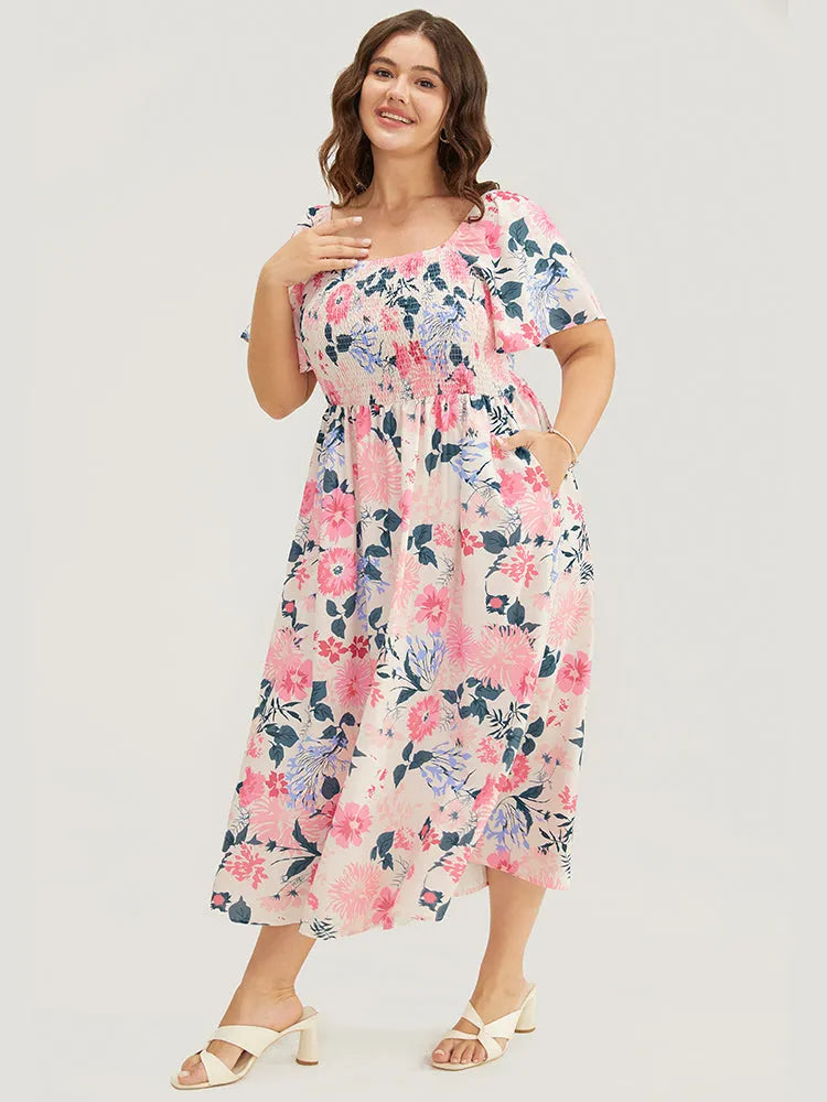 Floral Backless Shirred Square Neck Pocket Ruffle Hem Dress