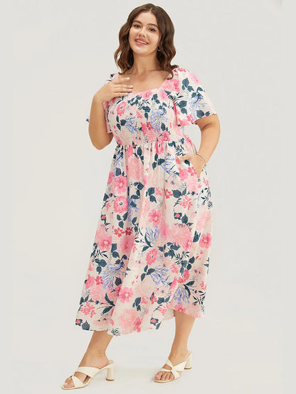 Floral Backless Shirred Square Neck Pocket Ruffle Hem Dress