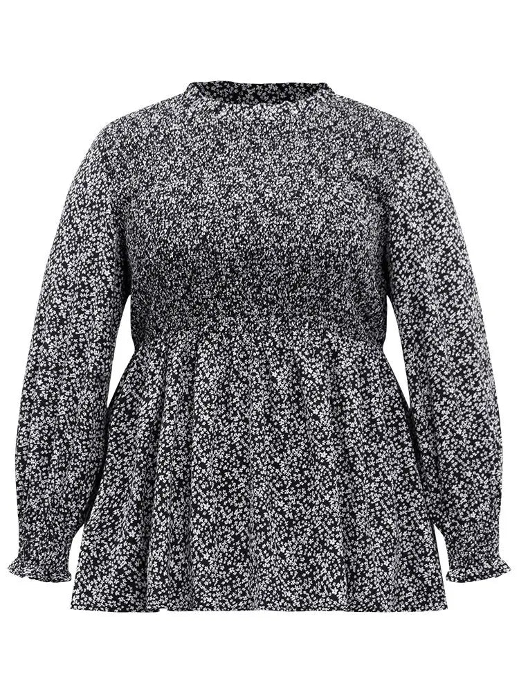 Ditsy Floral Stand Collar Shirred Frill Trim Blouse