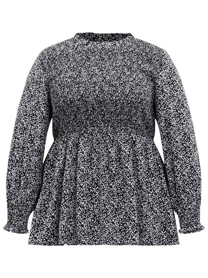 Ditsy Floral Stand Collar Shirred Frill Trim Blouse