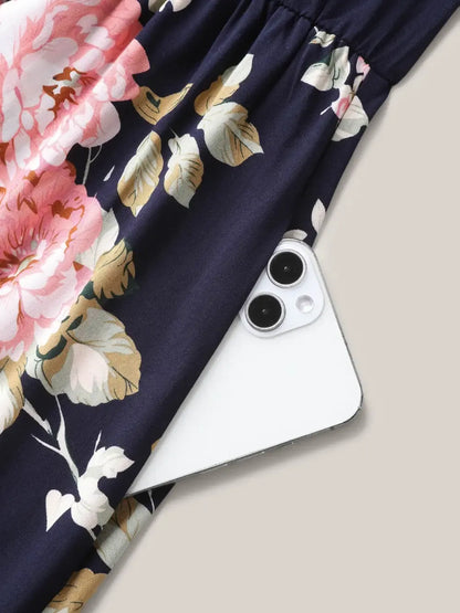 Ruffled Neck Off-Shoulder Floral Midi Dress