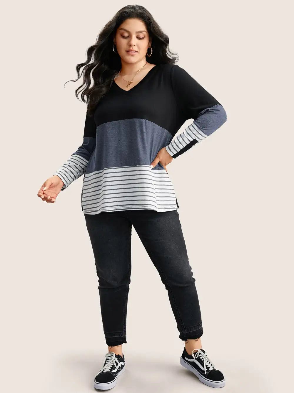 Colorblock Contrast Striped V Neck T-Shirt