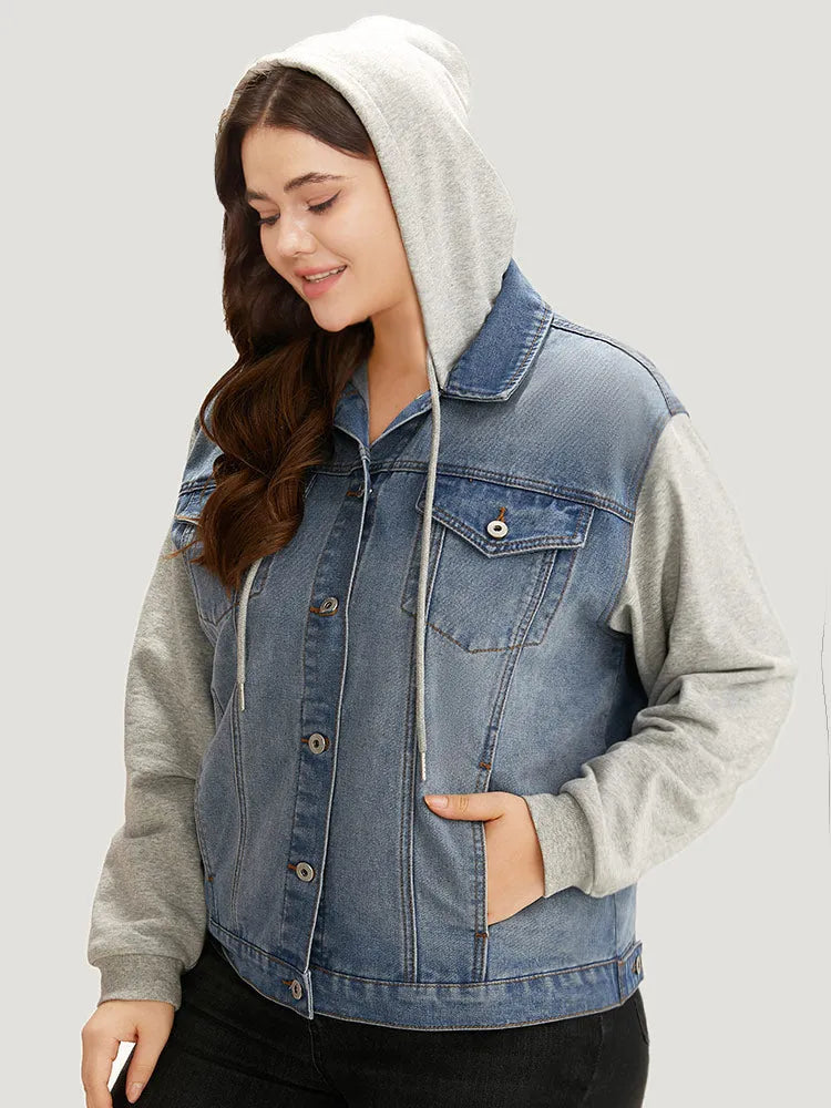 Hooded Patchwork Flap Pocket Denim Jacket
