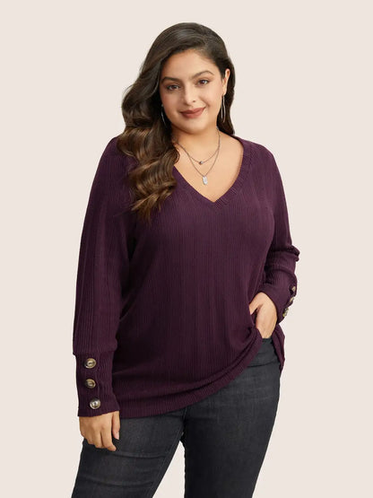 Rib Knit V Neck Button Detail T-Shirt