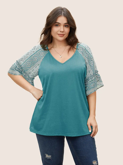 Boho Print Patchwork Raglan Sleeve T-Shirt